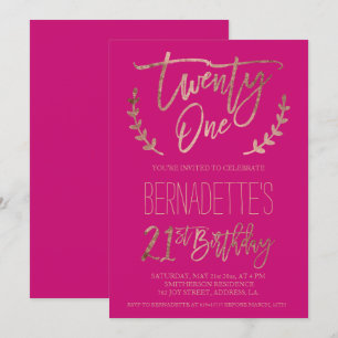 Invitation typographie or rose néon rose 21e anniversaire