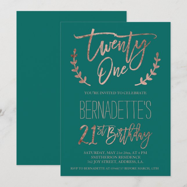 Invitation Typographie or rose plumes vert 21e anniversaire (Devant / Derrière)