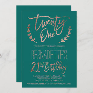 Invitation Typographie or rose plumes vert 21e anniversaire