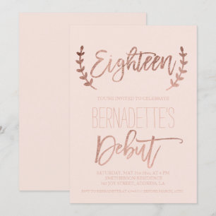 Invitation typographie or rose première blush 18e anniversair