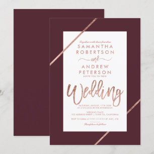 Invitation typographie or rose rayures mariage bordeaux