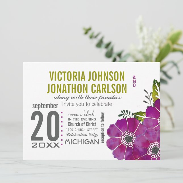 Invitation Typographie Purple et Kale Green Floral Mariage (Debout devant)