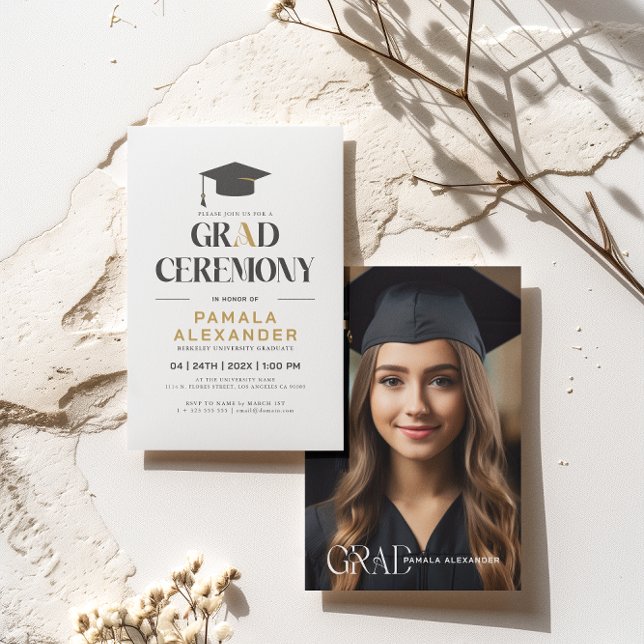 Invitation Typographie rétro de la partie Gold Grey sur White (Créateur téléchargé)