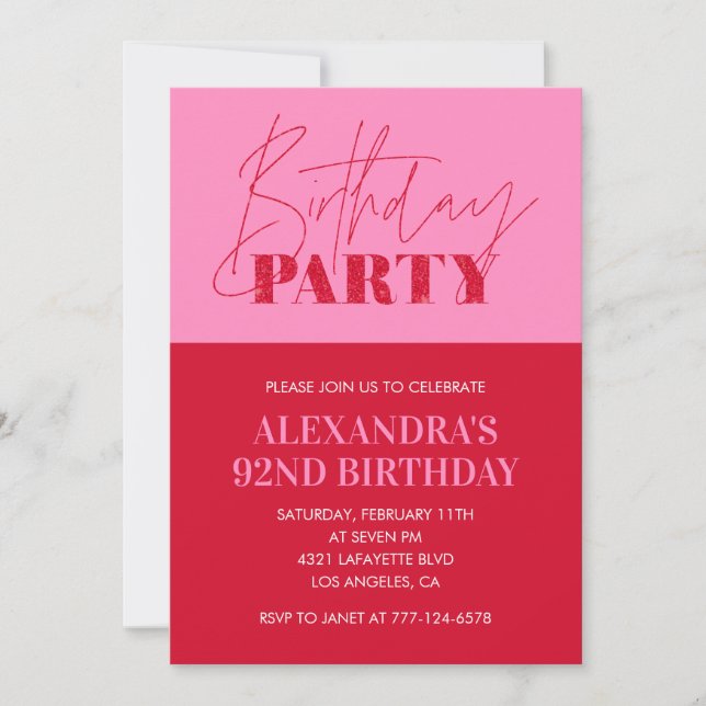 Invitation Typographie rose chic moderne 92e anniversaire (Devant)