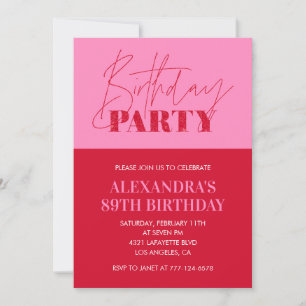 Invitation Typographie rose chic moderne pour un 89e annivers