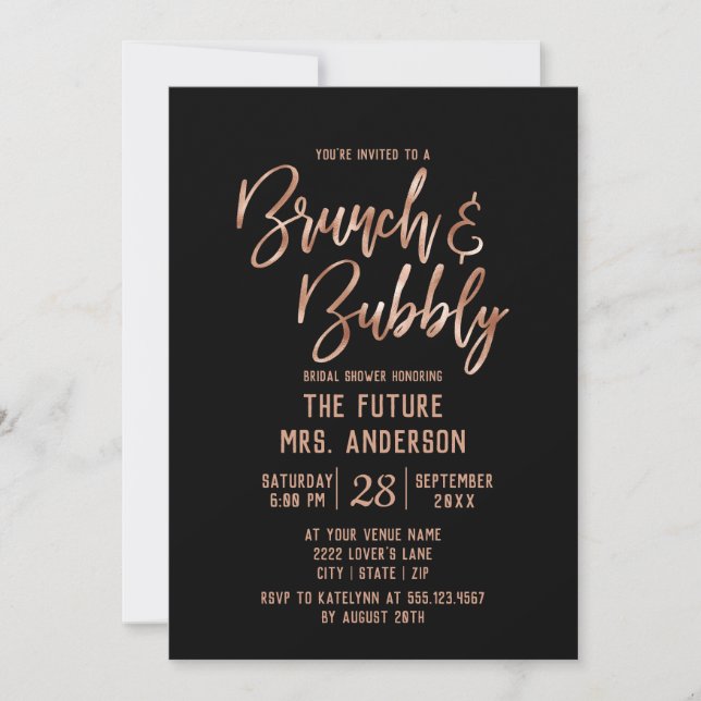Invitation Typographie rose d'or Brunch & Fête des mariées Bu (Devant)