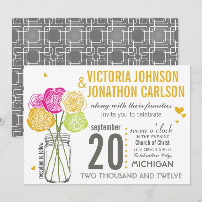 Invitation Typographie rose et jaune Mariage moderne (Devant / Derrière)