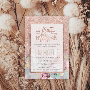 Invitation Typographie rose or floral aquarelle Bat mitzvah