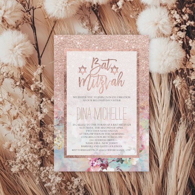 Invitation Typographie rose or floral aquarelle Bat mitzvah (Typography rose gold floral watercolor Bat Mitzvah Invitation)