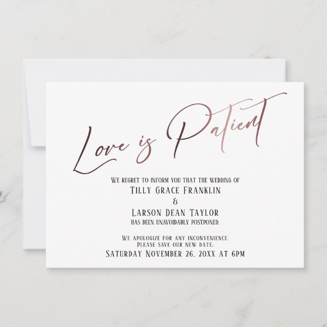 Invitation Typographie rose Or L'amour est Patient Mariage Re (Devant)