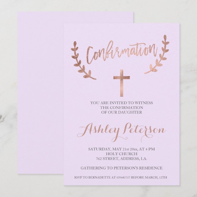Invitation typographie rose or lavande confirmation (Devant / Derrière)