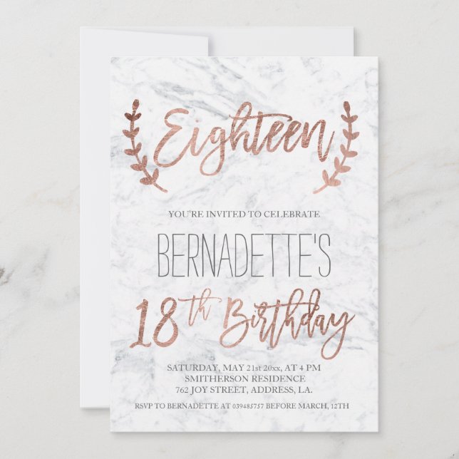 Invitation Typographie rose or plumes marbre 18e anniversaire (Devant)