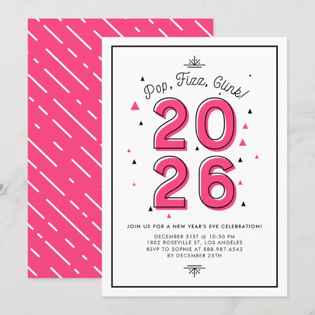 Invitation Typographie rose rétro 2017 Soirée du Nouvel An (Devant / Derrière)
