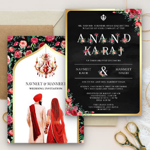 Invitation Typographie Rose Rouge Mariage Sikh Black Anand Ka