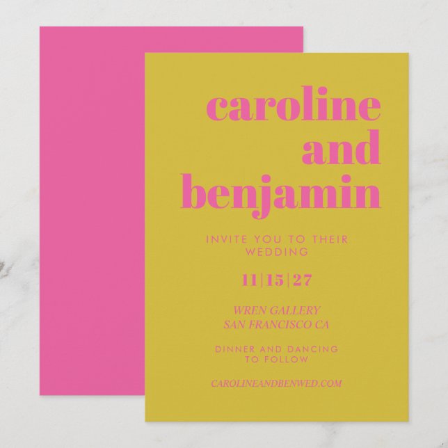 Invitation Typographie rose vif et jaune Mariage moderne (Devant / Derrière)