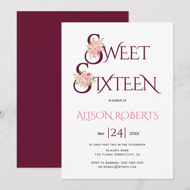 Invitation Typographie rouge Bourgogne, sweet sixteen rose ro (Devant / Derrière)