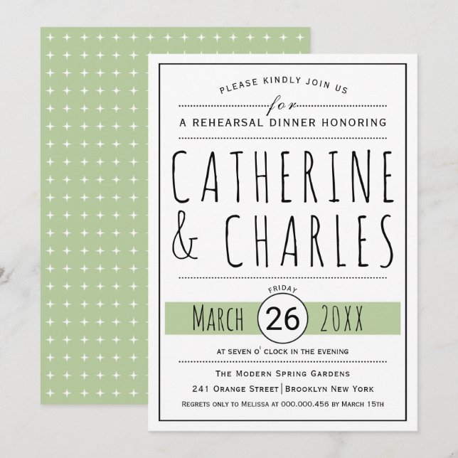 Invitation Typographie sauge vert mariage répétition dîner (Devant / Derrière)