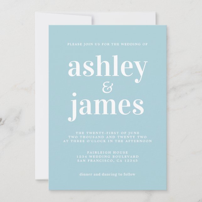 Invitation Typographie simple et chic Mariage bleu brillant (Devant)