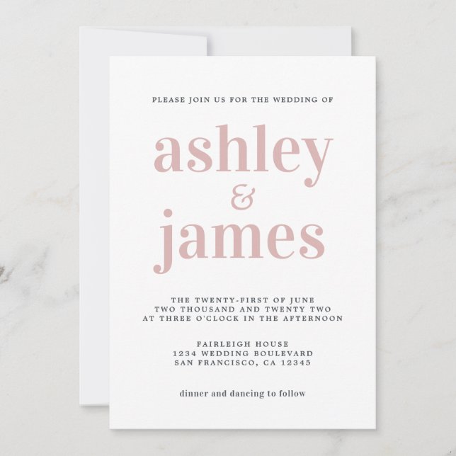 Invitation Typographie simple et chic Mariage rose argent (Devant)