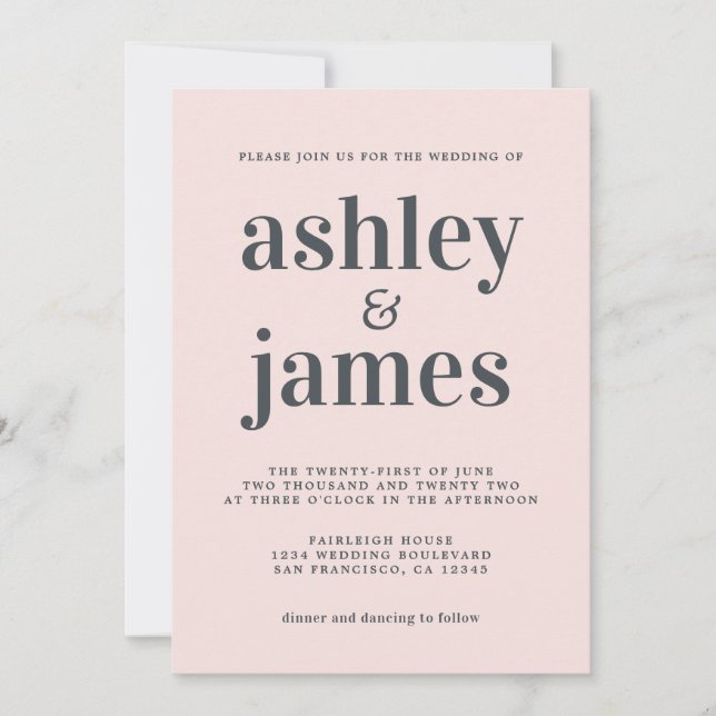 Invitation Typographie simple et chic Pastel Mariage rose (Devant)