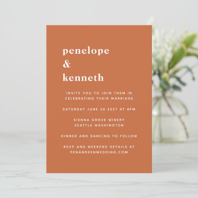 Invitation Typographie simple Mariage orange brûlé moderne (Debout devant)