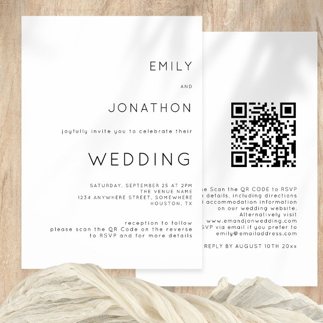 Invitation Typographie simple QR Code N'importe quel Mariage  (Front and back view)
