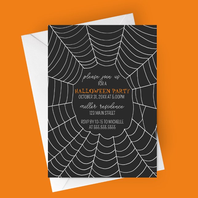 Invitation Typographie simple Spiderweb Halloween Party (Simple Typography Large Spiderweb Modern Halloween Party Invitation)