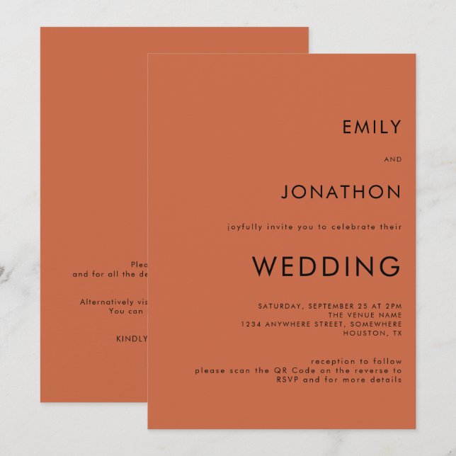 Invitation Typographie simple Terracotta QR Code Mariage (Devant / Derrière)