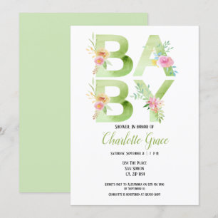 Invitation Typographie Vert Texte rose Baby shower Fleurs