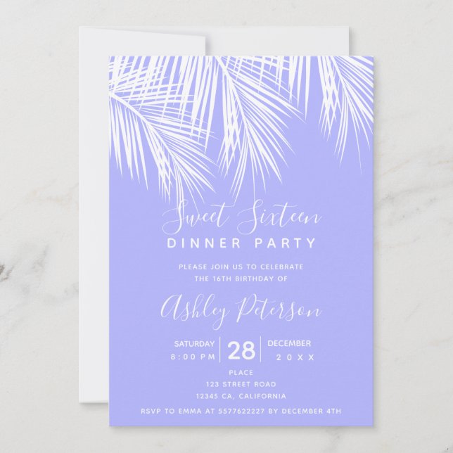 Invitation Typographie violette du palmier tropical Sweet 16 (Devant)