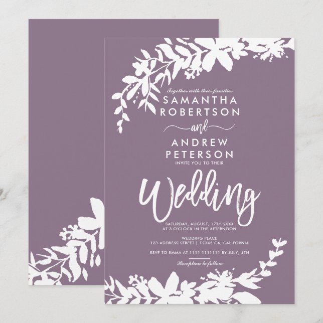 Invitation Typographie violette Floral blanc mariage (Devant / Derrière)