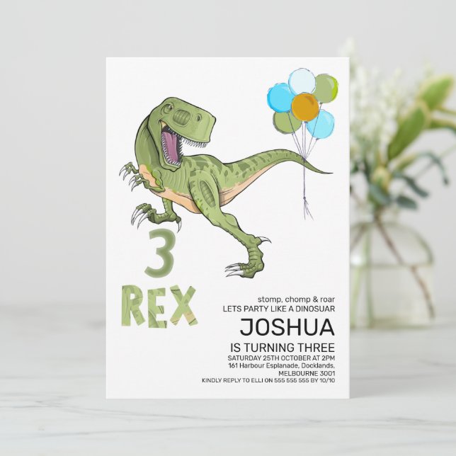Invitation Tyrannosaurus Trois Rex Dino 3e anniversaire (Debout devant)