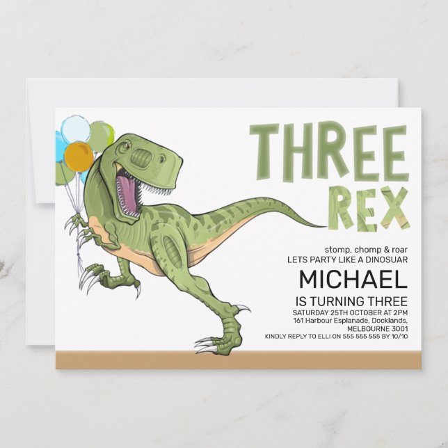 Invitation Tyrannosaurus Trois Rex Dinosaur 3e anniversaire (Devant)