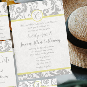 Invitation Ultimate Grey Illuminant Mariage damassé jaune