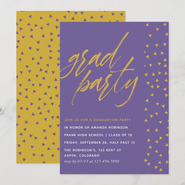 Invitation Ultra Violet et Gold confetti Graduation Party (Devant / Derrière)