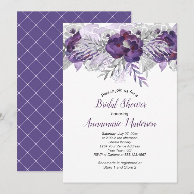 Invitation Ultra Violet Lavender Gris Fête des mariées floral (Devant / Derrière)