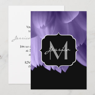 Invitation Ultra violet pétales de fleurs noir Monogramme Inv