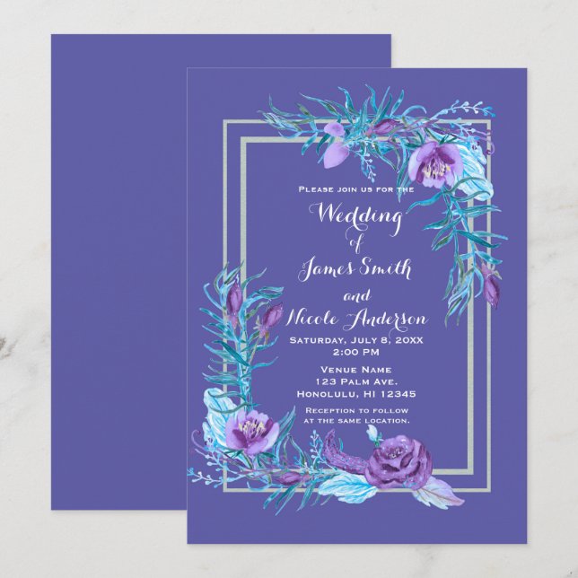 Invitation Ultra violet violet & Aqua Floral Chic Mariage (Devant / Derrière)