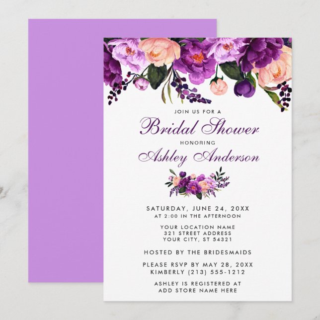Invitation Ultra violet violet Fête des mariées florale Invit (Devant / Derrière)