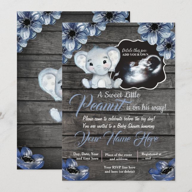 Invitation Ultrasound Baby shower éléphant Invitation, rustiq (Devant / Derrière)