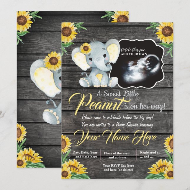 Invitation Ultrasound Baby shower éléphant Invitation, rustiq (Devant / Derrière)