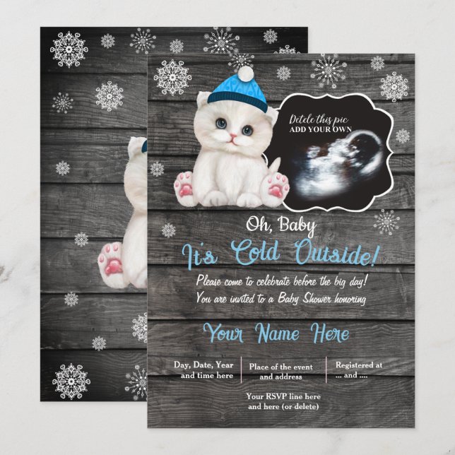 Invitation Ultrasound Hiver Chat Kitten Baby shower (Devant / Derrière)