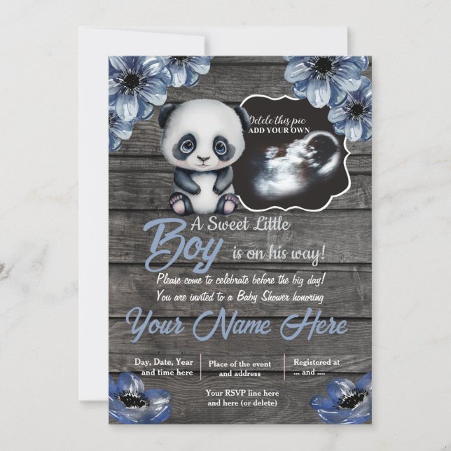 Invitation Ultrasound Panda Baby shower Invitation, rustique (Devant)