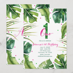 Invitation UN 1 1er anniversaire Feuilles tropicaux vert rose