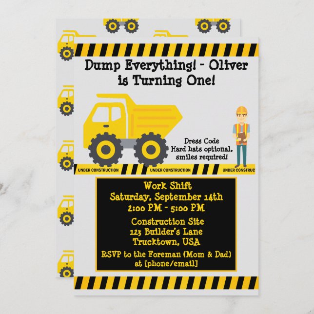 Invitation Un Anniversaire Construction de Camion Jaune (Devant / Derrière)
