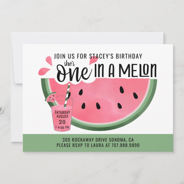 Invitation Un anniversaire de 1 an One In A Melon rose vert a (Devant)