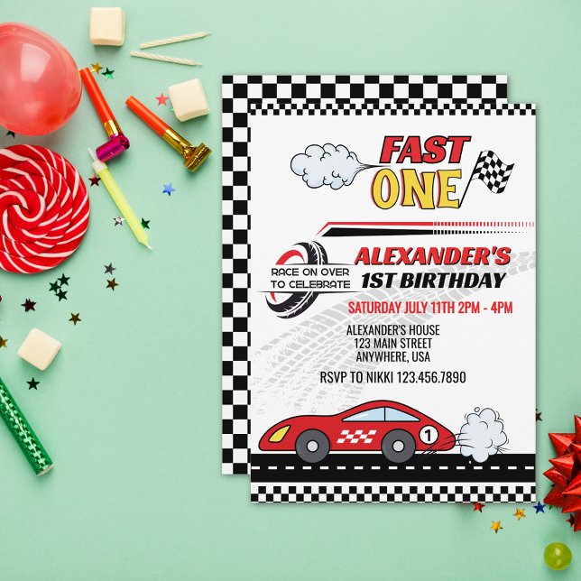 Invitation Un anniversaire d'enfant une voiture de course rou (Créateur téléchargé)