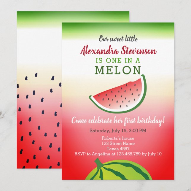 Invitation Un anniversaire melon (Devant / Derrière)