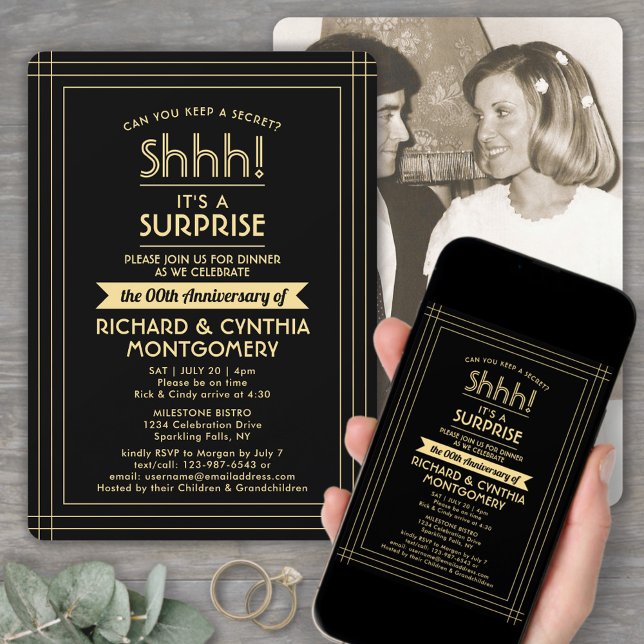 Invitation Un Anniversaire photo Surprise Party Black & Gold (Créateur téléchargé)