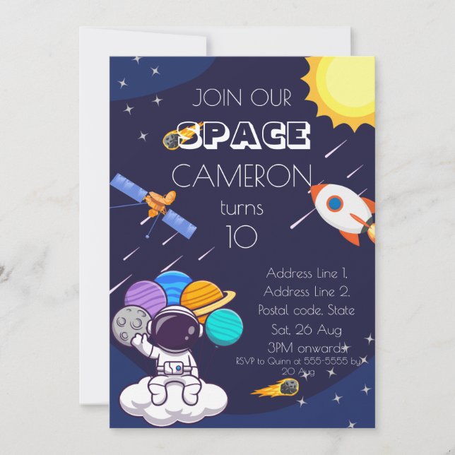 Invitation Un astronaute de l'espace bleu personnalise l'anni (Devant)